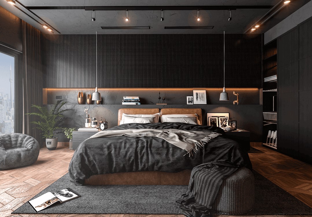 Phòng ngủ tông đen chủ đạo kết hợp nội thất gỗ