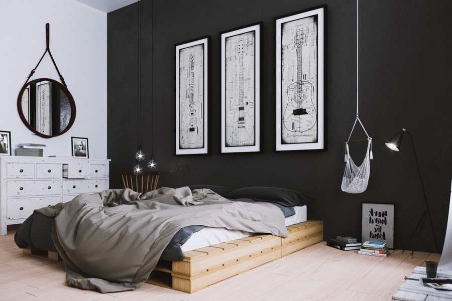 Phòng ngủ hiện đại màu đen nhỏ gọn được bố trí ngăn nắp dành cho nam