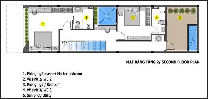 Mặt bằng tầng 2 mẫu nhà 2 tầng 3 phòng ngủ 80m2 