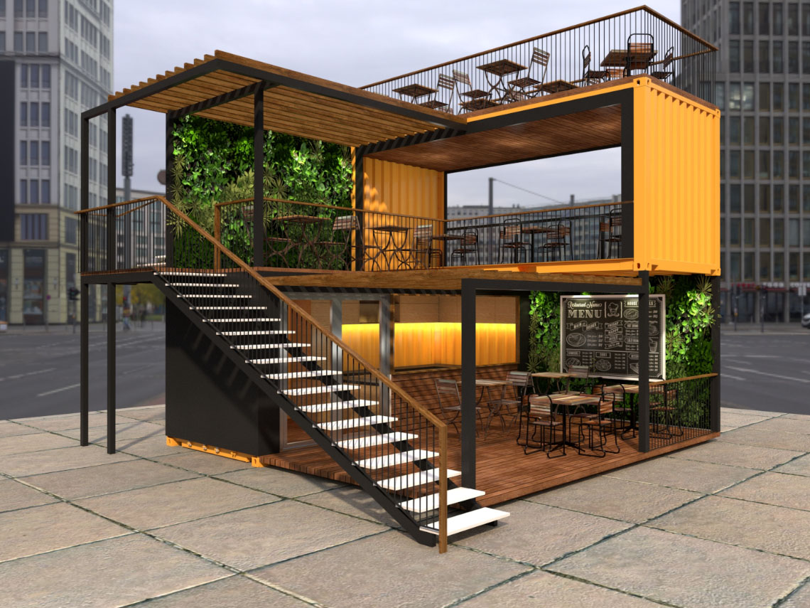 Mẫu thiết kế nhà hàng khung thép 2 tầng kết hợp quán cafe