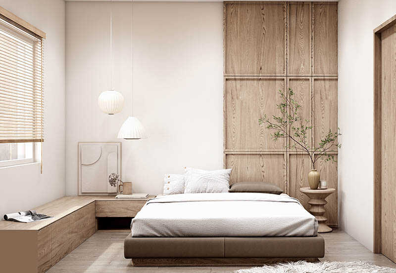 Nội thất phòng ngủ nhà cấp 4 mái bằng 8x12 gỗ mộc giản dị  