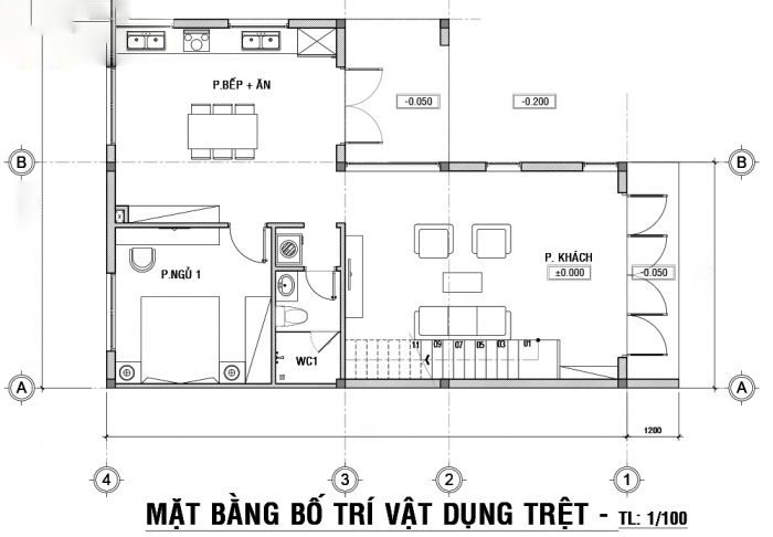 Tầng 1 của mẫu nhà 2 tầng chữ L 120m2 bao gồm phòng khách, bếp và phòng ngủ cho bà nội