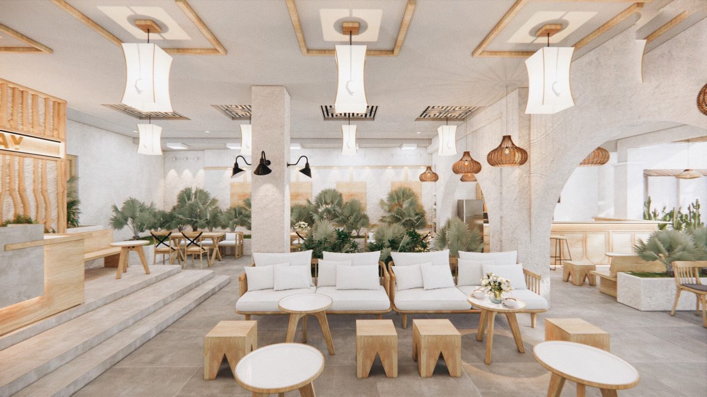 Sự kết hợp giữa màu trắng – nâu và đỏ nhạt đã khiến không gian cafe phong cách Địa Trung Hải ấm áp hơn
