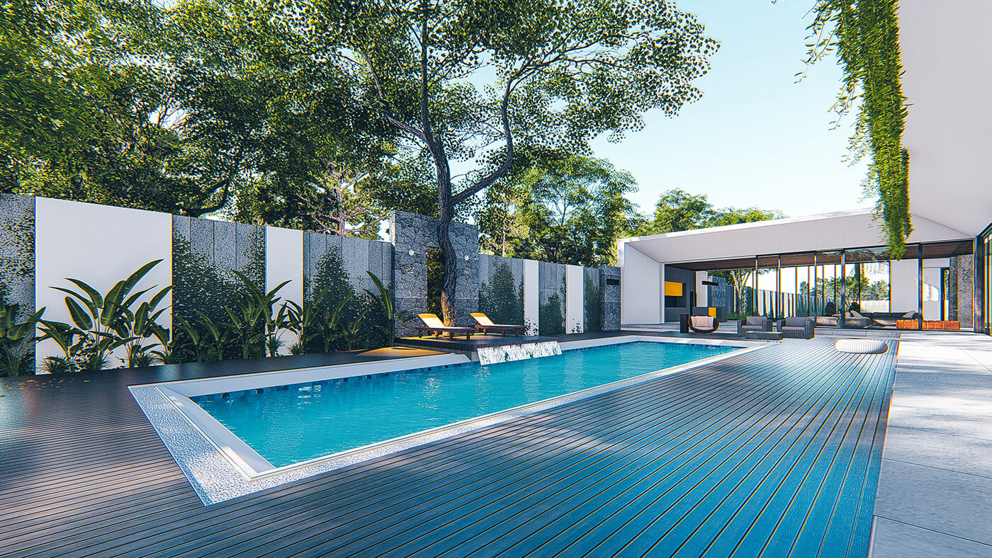 Hồ bơi trong xanh hình chữ nhật là một trong những điểm đáng lưu ý của thiết kế nhà đẹp
