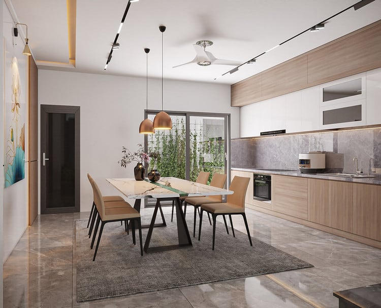 Thiết kế phòng bếp và phòng ăn kết nối với không gian giếng trời 
