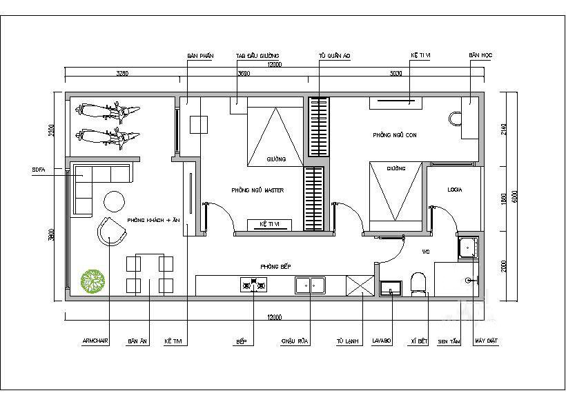 Bản vẽ thiết kế nhà ống 1 tầng 6x12m 2 phòng ngủ 1
