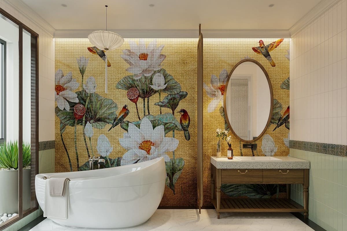 Nội thất phòng tắm Indochine mang đến sự sạch sẽ và thanh lịch, cùng với vẻ đẹp tự nhiên và tinh tế, tạo điểm nhấn trong không gian đẳng cấp