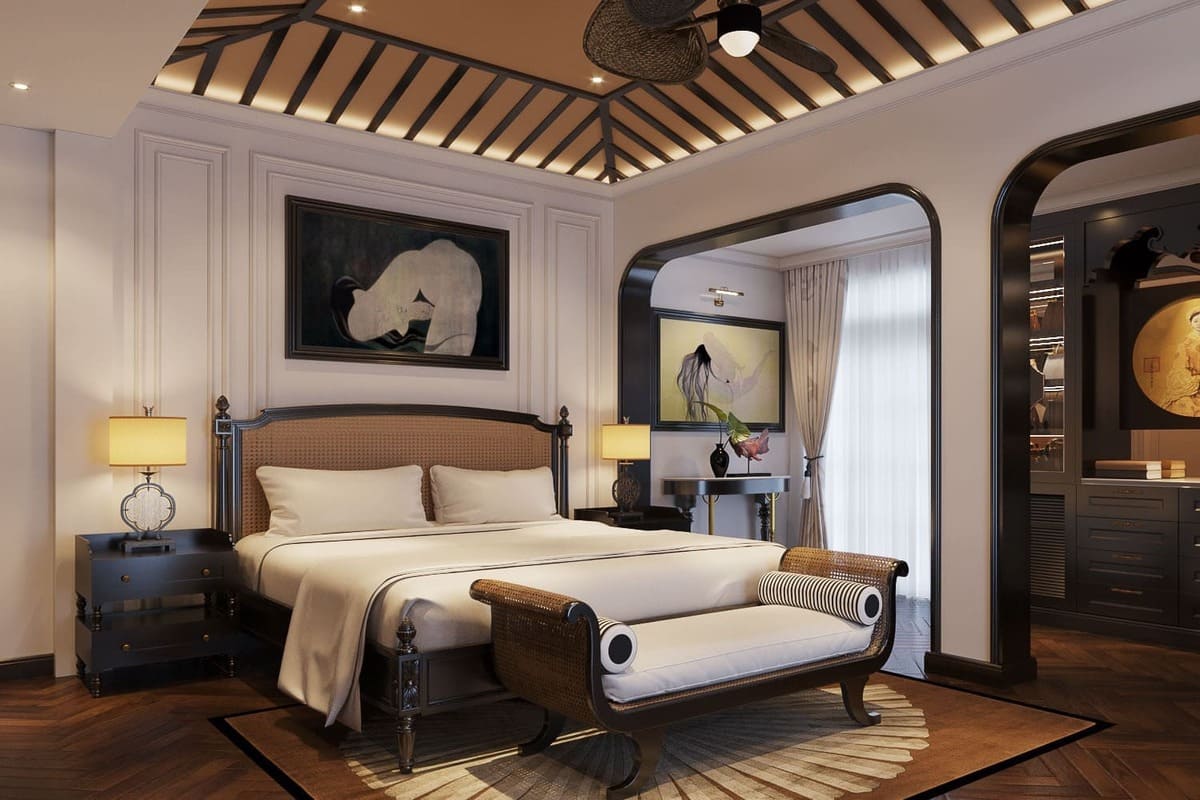Giường ngủ thường được thiết kế rộng rãi và thoải mái, với các chi tiết chạm khắc truyền thống trong phòng ngủ master