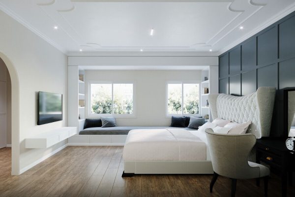 Phòng ngủ rộng rãi tạo điểm nhấn với chỉ phào classic cổ điển sang trọng