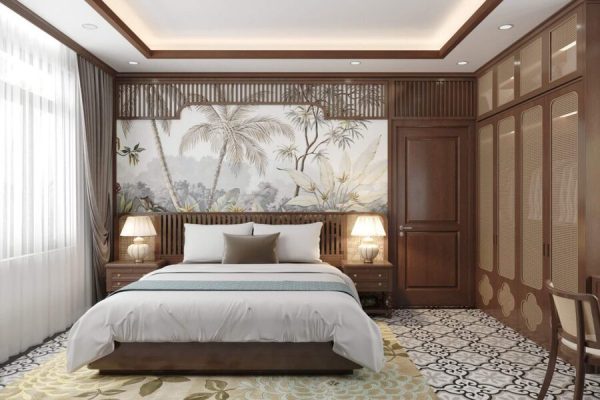 Phòng ngủ thiết kế với nội thất gỗ nâu trầm ấn tượng