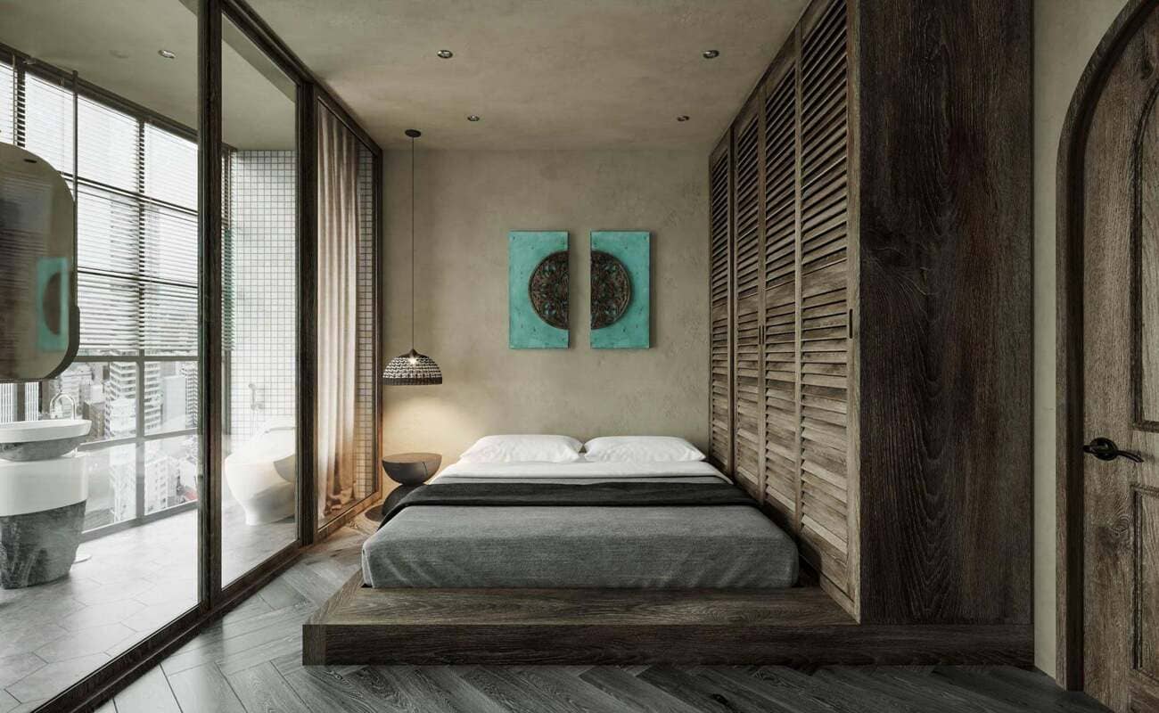 Phòng ngủ nhỏ mang đến sự ấm áp và thân thiện với giường gỗ đơn giản và các chi tiết trang trí tự nhiên