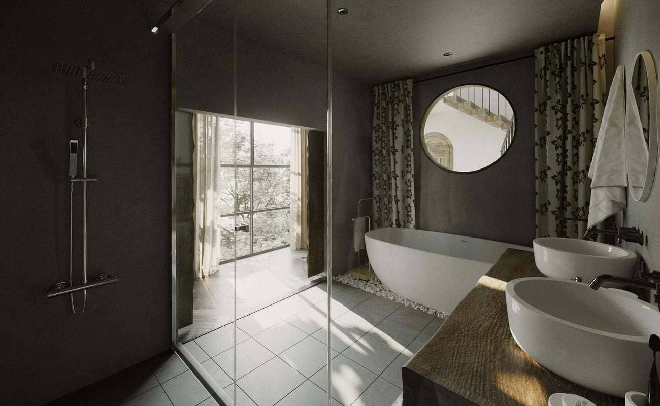 Phòng tắm master mang lại cảm giác của một khu spa riêng tư với bồn tắm và vòi sen trần