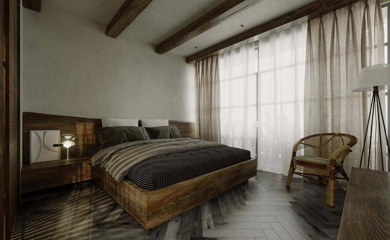 Phòng ngủ master là nơi bạn thả mình vào giấc ngủ sâu thăm thẳm. Giường gỗ chất lượng cao với những chiếc đèn trang trí góc phòng, tạo nên không gian trấn an và yên bình.