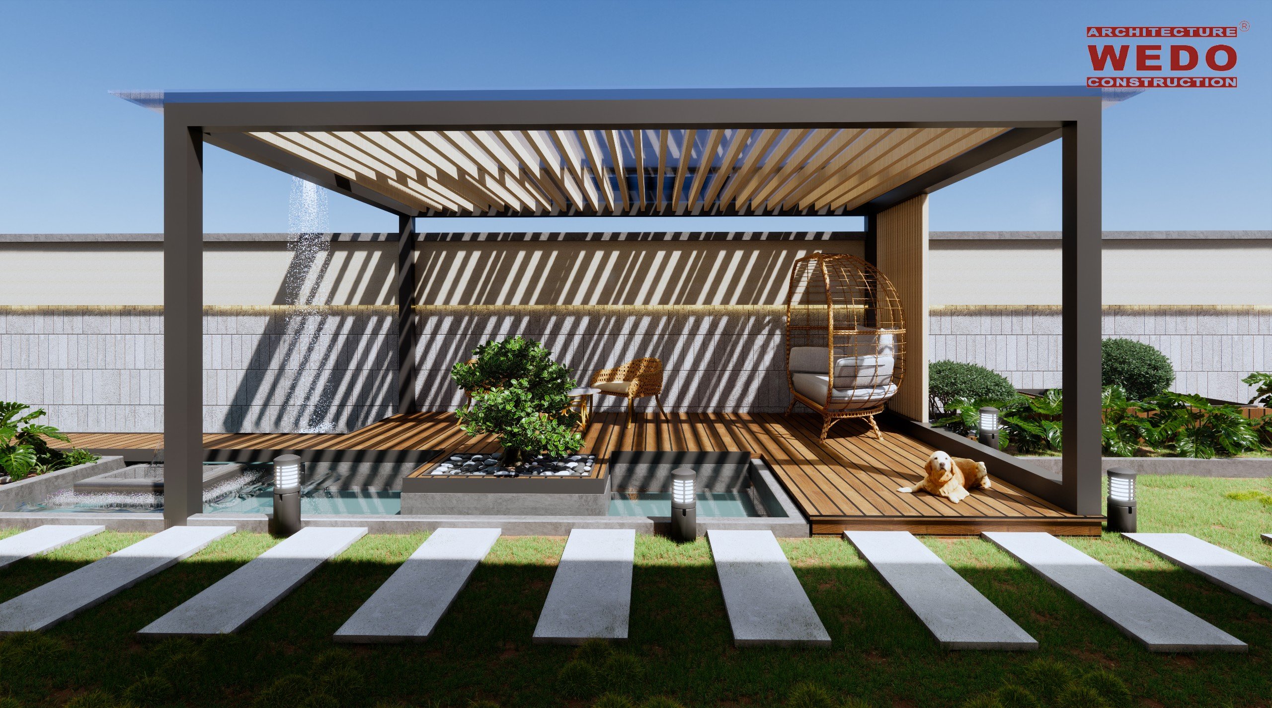 Phối cảnh kiến trúc mẫu nhà 1 tầng mái bằng có sân vườn xanh mát & tĩnh lặng
