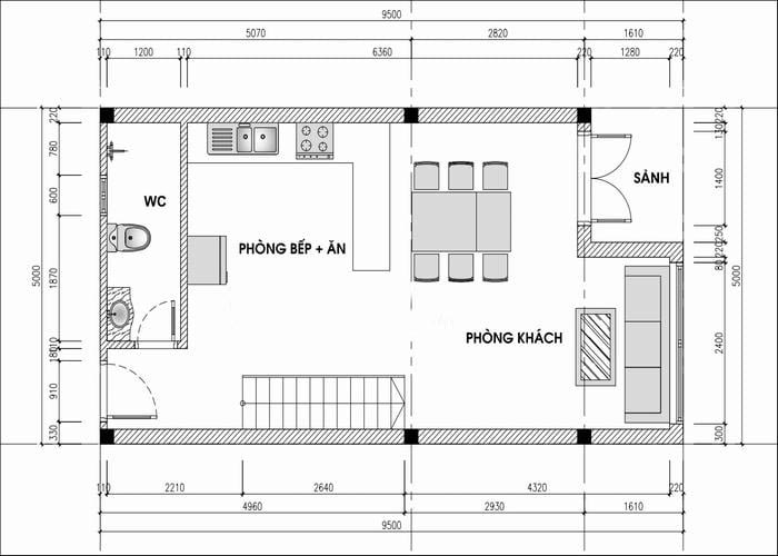 thiết kế nhà cấp 4 5x10 có 2 phòng ngủ