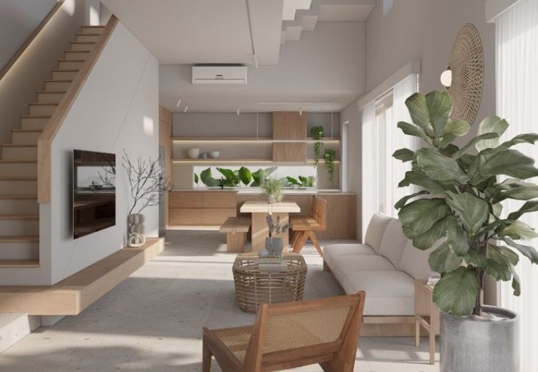 Mẫu phòng khách nhà ống 5m có cầu thang đẹp, đơn giản