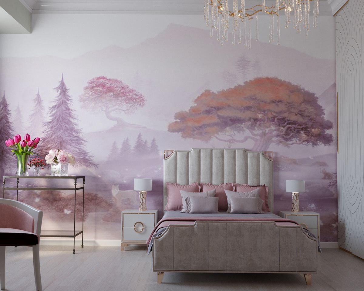 giấy dán tường màu tím phòng ngủ