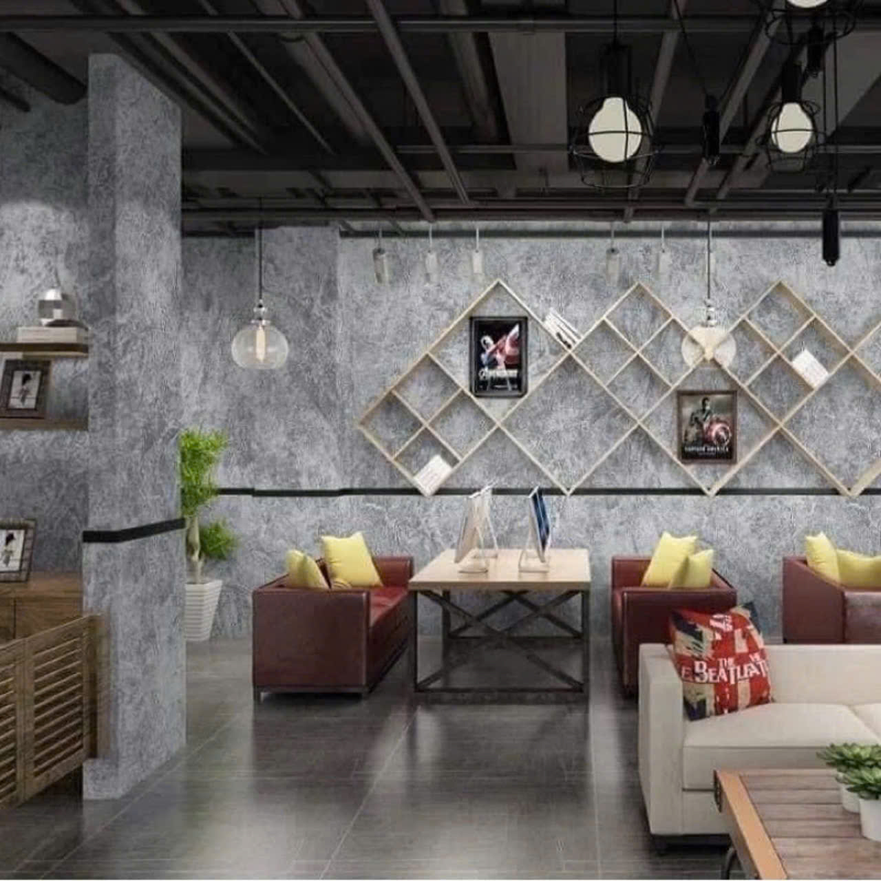 giấy dán tường quán ăn giả bê tông